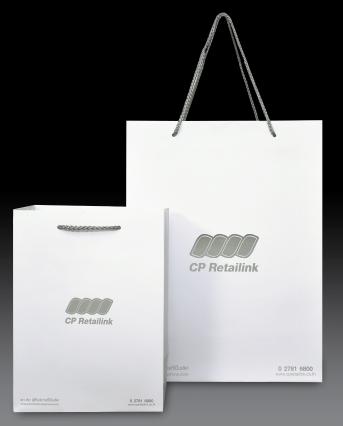 Small and big paper bag by CP Retailink. Print logo and gray text.